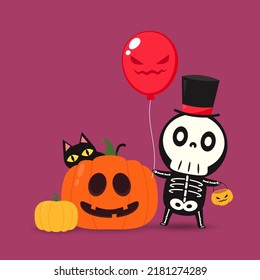 Cute black cat and Pumpkin head in Halloween day. Happy halloween greeting card with monster pumpkin and black cat. Skeleton in halloween day.