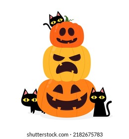 Cute black cat and Pumpkin head in Halloween day. Happy Halloween greeting card with cute black cat and spooky pumpkin. Animal holidays cartoon character.