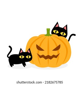 Cute gato negro y cabeza de calabaza en el día de Halloween. Feliz tarjeta de saludo de Halloween con lindo gato negro y calabaza espeluznante. Personaje de caricatura de las festividades animales.