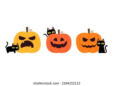 Cute gato negro y cabeza de calabaza en el día de Halloween. Feliz tarjeta de saludo de Halloween con lindo gato negro y calabaza espeluznante. Personaje de caricatura de las festividades animales.