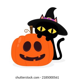 Cute black cat and Pumpkin head in Halloween day. Happy Halloween greeting card with cute black cat and spooky pumpkin. Animal holidays cartoon character.
