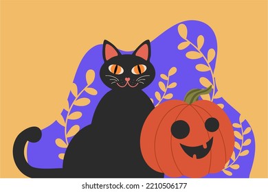 Cute black cat and pumpkin head on Halloween day. Halloween greeting card with cute black cat and spooky pumpkin. Animal holidays cartoon character.