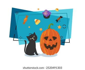 Cute black cat and pumpkin lantern vector illustration with treat on background. Halloween celebration, party, holiday concept. Can be used for banner or invitation design