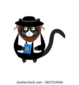 Cute black cat rabbi in a black suit and a black hat with a book in his paws. Doodle flat illustration vector.