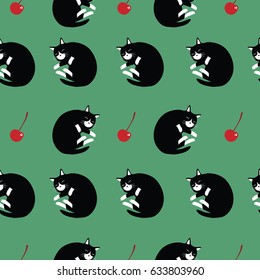 Cute black cat and red cherry seamless pattern vector.