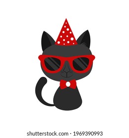 Cute black cat in red glasses, with bow tie and party hat isolated on white. Cartoon character for greeting card. Animal collection. Flat vector illustration