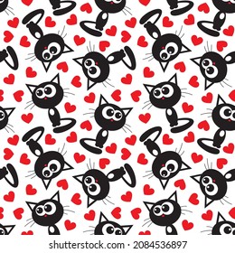 Cute black cat and red hearts cartoon seamless pattern. Vector illustration.