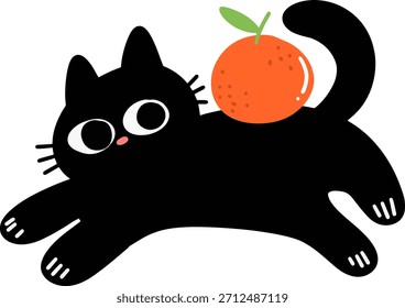 Gato preto bonito correndo com fruta laranja na ilustração traseira
