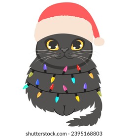 Cute Black Cat Santa Claus hat With Colorful Light bulbs Drawing. Pet animal decorated for holiday season sitting isolated on white background