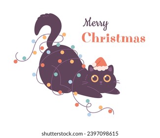 Cute black cat in Santa hat playing with Christmas garland. Merry Christmas and Happy New Year. Vector illustration in flat style 