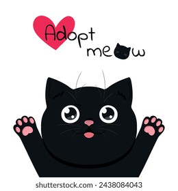 Lindo gato negro diciendo Adopta maullar. Adopta un concepto de mascota. Ilustración de vector