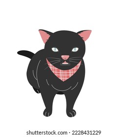 Cute gato negro con bufanda aislada al estilo vectorial plano.