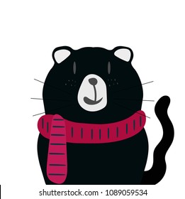Cute black cat with Scarf. vector design. illustration for School books and more.Meow slogan.