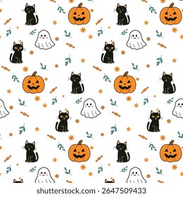 Gato preto bonito com abóbora assustadora. Padrão sem emenda fantasma bonito. Fundo de férias com personagem de desenho animado Animal magia doméstica.