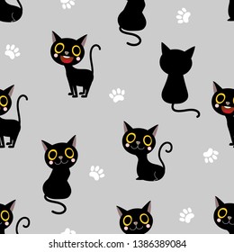 Cute black cat seamless pattern. Animal cartoon character set.