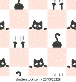 Cute black cat seamless pattern. Vector illustration for kids, nursery design