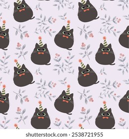 Cute black cat seamless pattern vector illustration. Kitten in flat style design. Party hat and red berry botanical design with purple background.