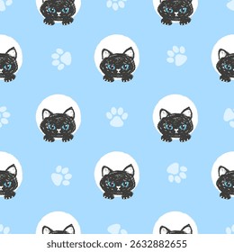 Cute black cat seamless pattern. Vector illustration for kids