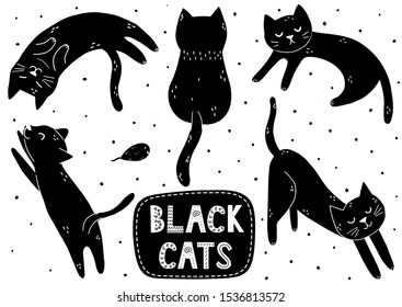 Cute Black Cat Set. Doodle Kitten In Different Poses Collection. Feline Character Clipart For Kids. Vector Illustration