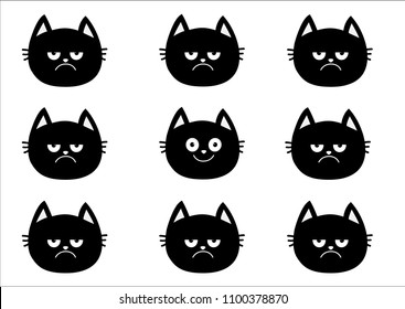 Cute black cat set. Emotion collection. Happy, smiling and sad, angry kitten head face. Optimist pessimist. Funny cartoon characters. White background Isolated Flat design Vector illustration