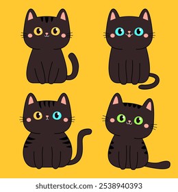 Cute black cat set. Kitten face head with yellow, blue, green eyes. Cartoon pet baby character Black contour icon. Funny kawaii animal. Childish style. Flat design. Yellow background. Vector