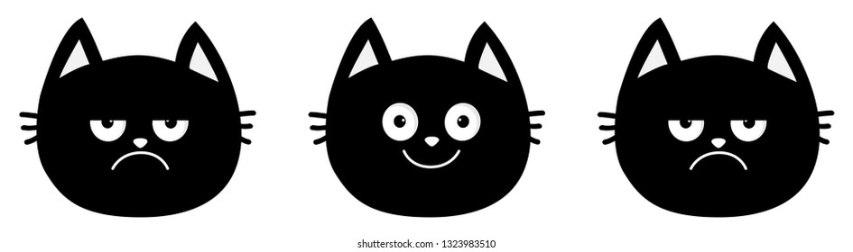 Cute black cat set line. Emotion collection. Happy, smiling and sad, angry kitten head face. Optimist pessimist. Funny cartoon characters. White background Isolated Flat design. Vector illustration