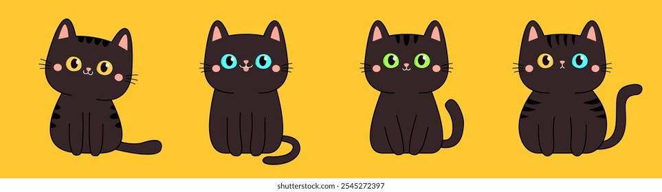 Nette schwarze Katze Set Linie. Kätzchen Gesicht Kopf mit gelben, grünen, blauen Augen. Cartoon Haustier Baby Charakter Schwarze Kontur Symbol. Lustiges Kawaii-Tier. Kinderstil. Flaches Design. Gelber Hintergrund. Vektorgrafik