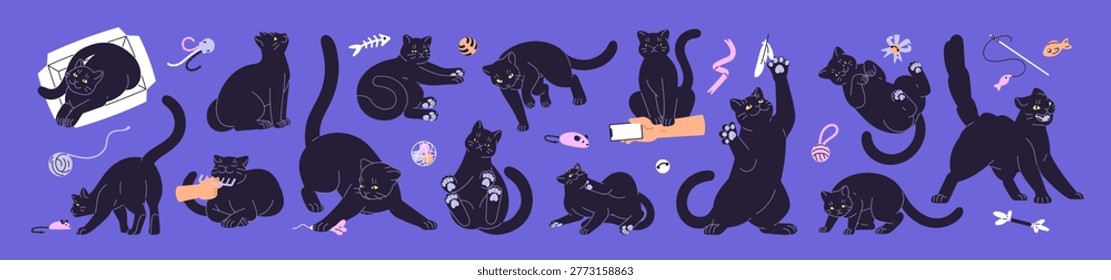 Cute black cat set. Naughty kitty plays, has fun, relaxes and asks for food and attention. Kitten with happy, scared and angry emotions. Funny pet, amusing animal. Flat isolated vector illustrations