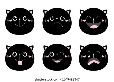Cute black cat set. Round face head. Funny cartoon kawaii baby characters. Emotion collection. Happy, surprised, crying, sad, angry, smiling, wink, showing tongue. White background Flat design Vector