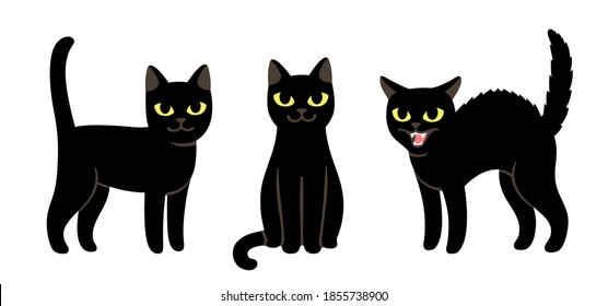 Cute black cat set. Sitting, standing and angry hissing. Simple cartoon drawing, isolated vector illustration.