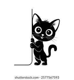 Cute black cat silhouette with big, expressive eyes playfully peeking from behind a wall. Perfect for pet-themed designs, stickers, logos, and vector illustrations. Ideal for creative and fun projects