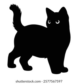 Cute black cat silhouette with a fluffy tail and expressive eyes in a standing pose. Perfect for pet-themed designs, vector illustrations, logos, and creative projects.