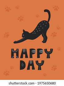 Cute black cat silhouette, kawaii kitten with hand written lettering quote with a pet. Design concept for posters, placard and cards in flat cartoon style. Vector illustration on orange background