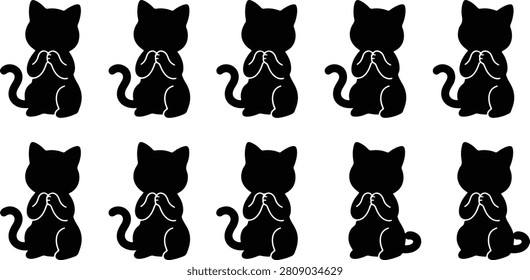 Cute black cat silhouettes sitting in a row vector illustration set
