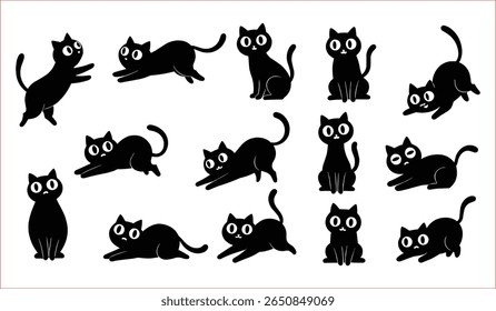Silhuetas de gato preto bonito em várias posas, Um conjunto de doze silhuetas de gato preto em diferentes poses divertidas.