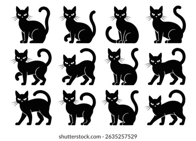 Cute Black Cat Silhouettes Vector Set