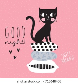cute black cat siting on top of cushions vector illustration
