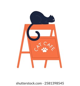 Cute black cat sits on sandwich board with adrevtising of pet friendly cafe. Kitty relaxes on chalkboard, blackboard, stand with frame for outside promotion. Flat isolated vector illustration on white