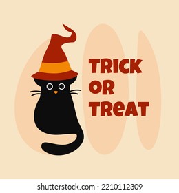 A cute black cat sits with a witch's hat. Text Trick or treat. Illustration for Halloween. Holiday event. Doodle. Vector illustration