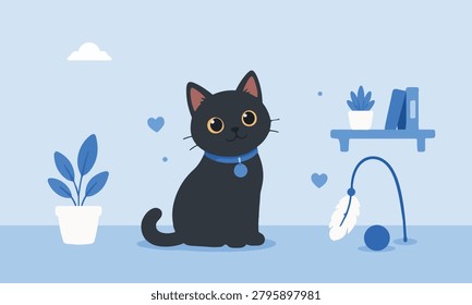 Cute Black Cat Sitting Flat Vector Pet Illustration