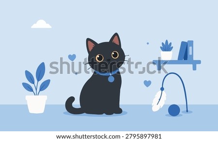 Cute Black Cat Sitting Flat Vector Pet Illustration