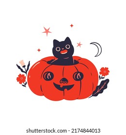 Cute black cat sitting in a halloween pumpkin isolate on white background. Vector graphics.