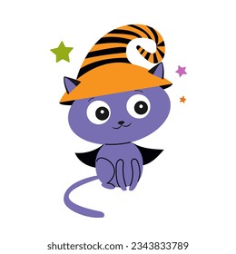 Cute black cat sitting in a hat, Vector illustration. Happy Halloween. Fashion illustration for postcard, flyer, banner