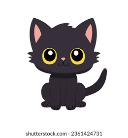 Un gatito negro sentado. Icono de la silueta de cara frontal. Gatito con ojos amarillos. Caricatura graciosa de un bebé personaje. Un divertido animal kawaii. Colección de mascotas. Impresión pegatina. Diseño plano. Fondo blanco. Vector