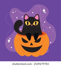 Gato preto bonito sentado dentro de uma abóbora jack-o'-lanterna Halloween em roxo, ilustração Vetor