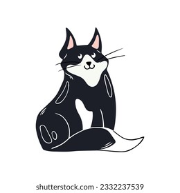 Cute black cat is sitting. Kitten in hand drawn style. Vector illustration isolated on white background