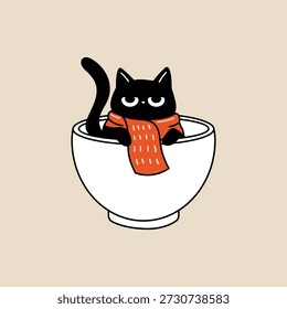 Cute black cat sitting in a large bowl with a scarf