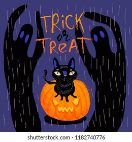 Cute black cat sitting on a Halloween pumpkin. Calligraphy lettering Trick or treat. Happy Halloween Greeting card.