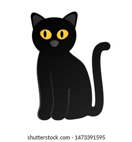 Cute black cat sitting on the ground flat style design vector illustration isolated on white background. Nice pet kitty halloween symbol.