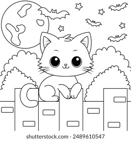 Cute Black Cat Sitting on a Fence Colouring. Halloween Outline Coloring Page